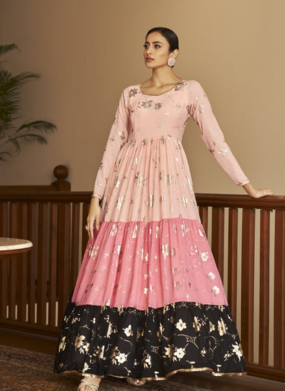 Peach Georgette Anarkali Gown With Sequins and Embroidery Work