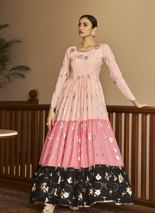 Peach Georgette Anarkali Gown With Sequins and Embroidery Work