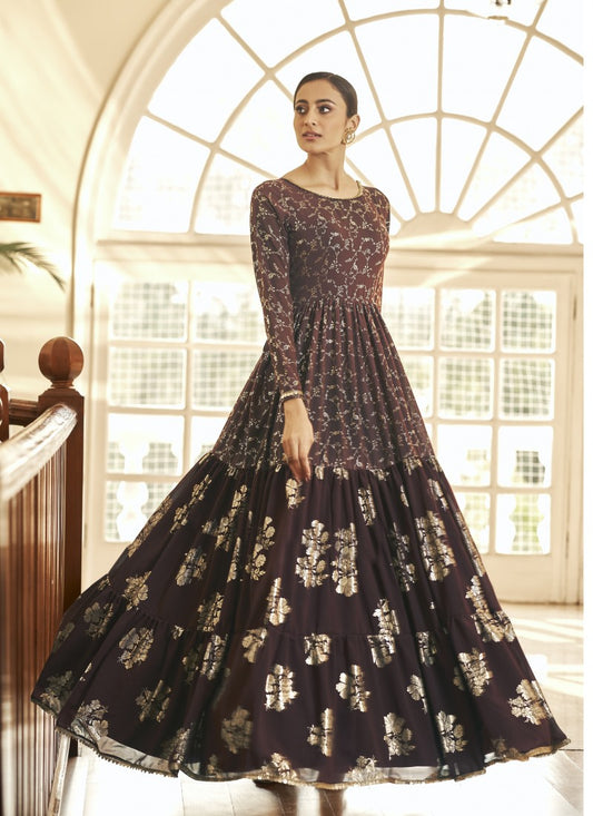 Maroon Georgette Anarkali Gown With Sequins and Embroidery Work