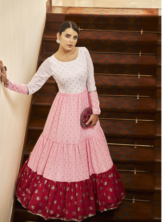 White Georgette Anarkali Gown With Sequins and Embroidery Work