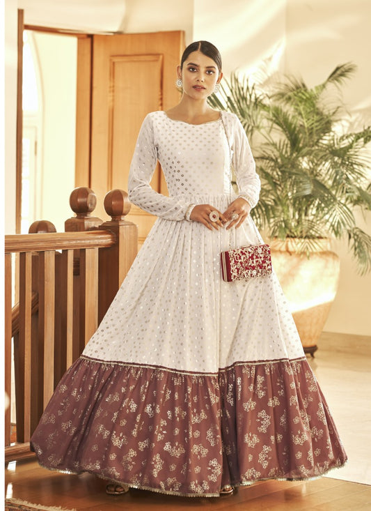 White Georgette Anarkali Gown With Sequins and Embroidery Work