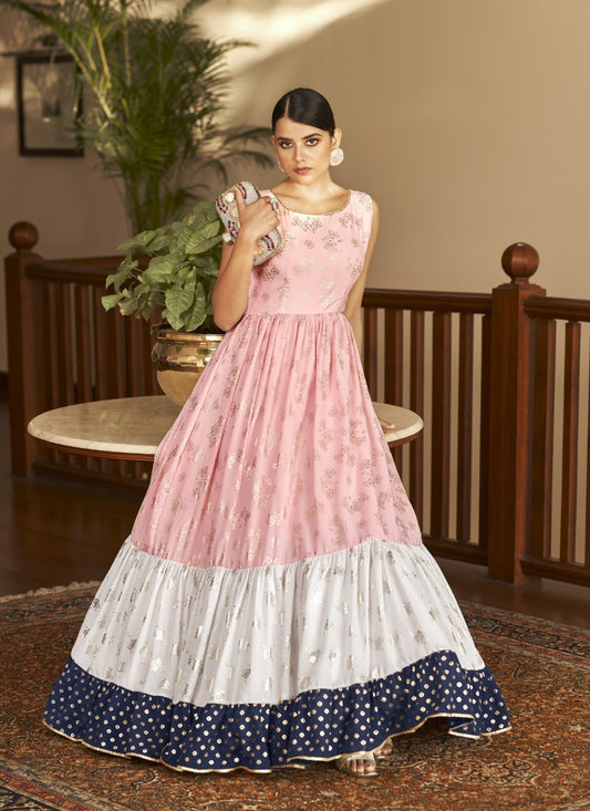 Pink Georgette Anarkali Gown With Sequins and Embroidery Work