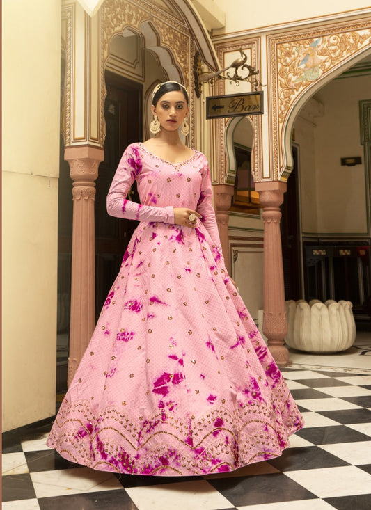 Pink Cotton Anarkali Gown With Sequins and Embroidery Work