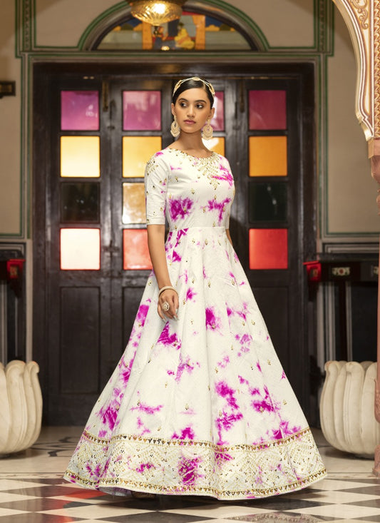 White Cotton Anarkali Gown With Sequins and Embroidery Work