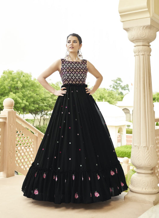Black Georgette Anarkali Gown With Sequins and Embroidery Work