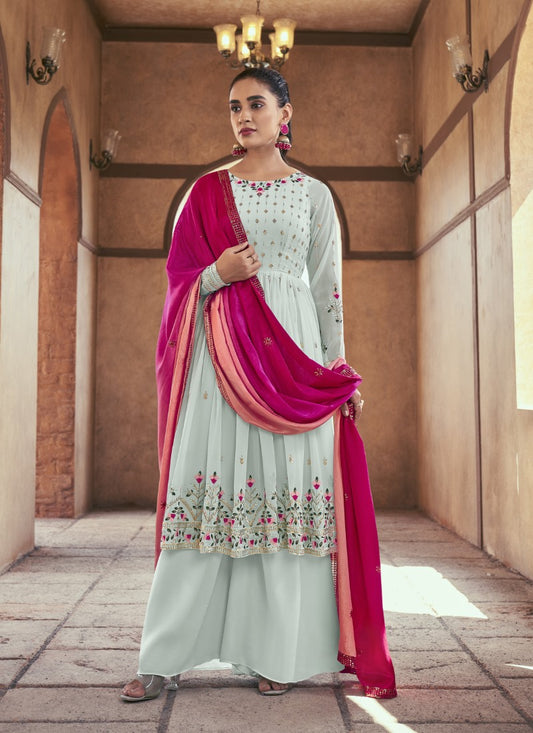 Sky Blue Party Wear Palazzo Salwar Suit With Embroidery Work