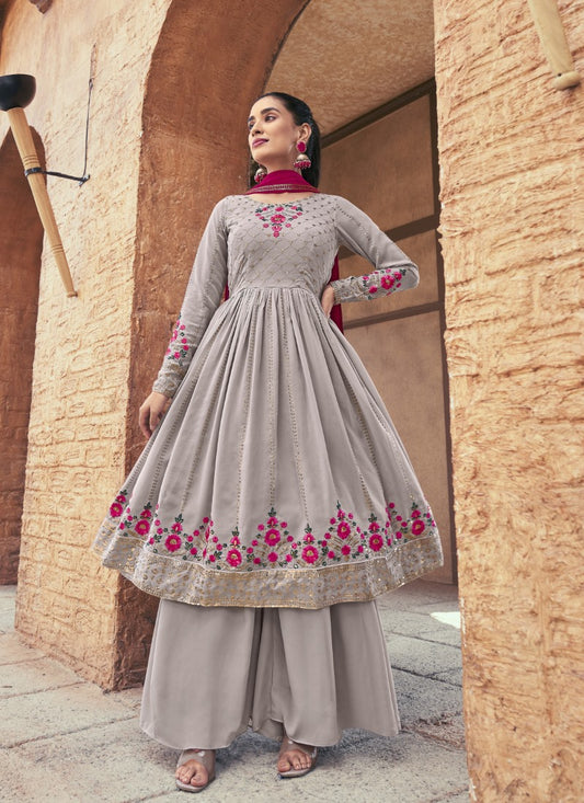 Gray Party Wear Palazzo Salwar Suit With Embroidery Work