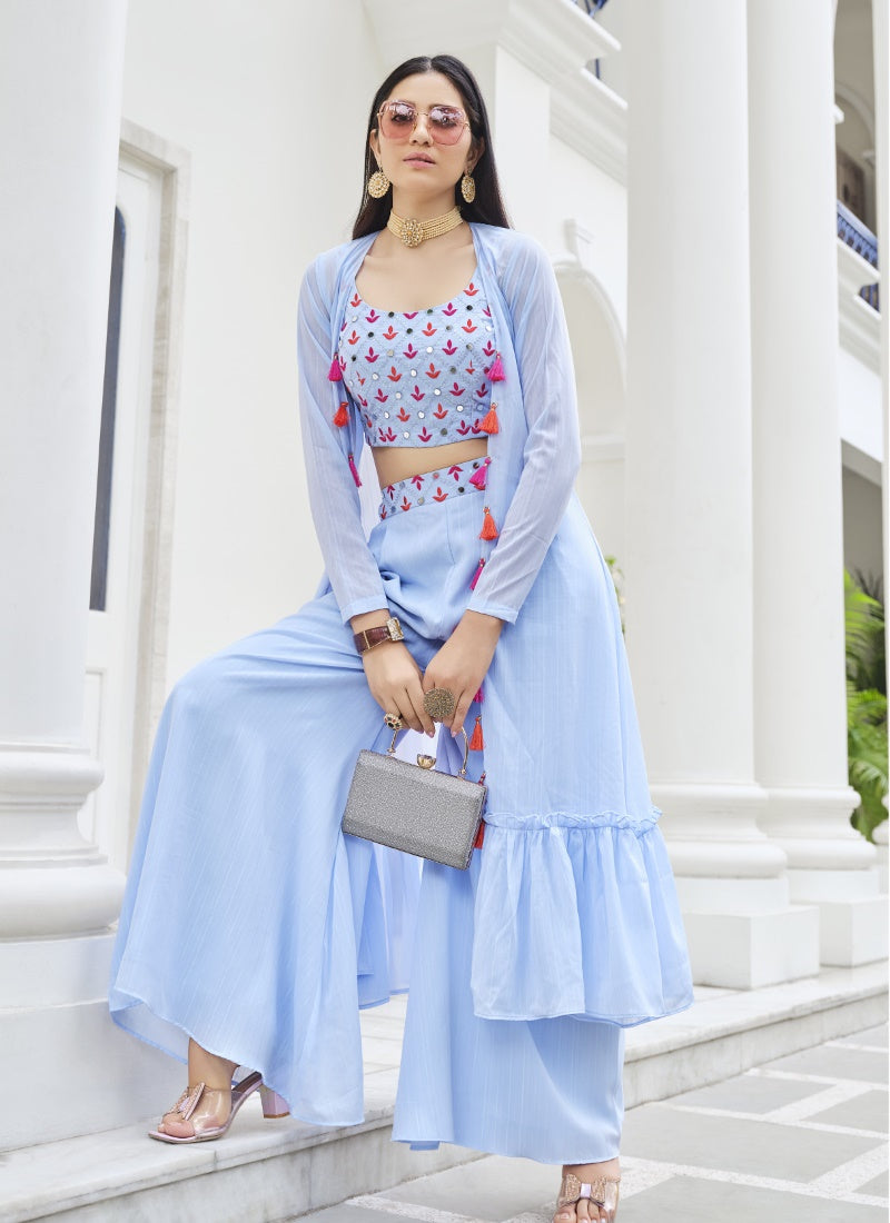Sky Blue Georgette Palazzo Suit With Jacket