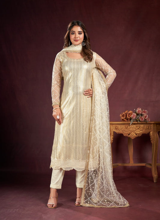 Beige Pant Style Salwar Suit with Thread and Sequins Work