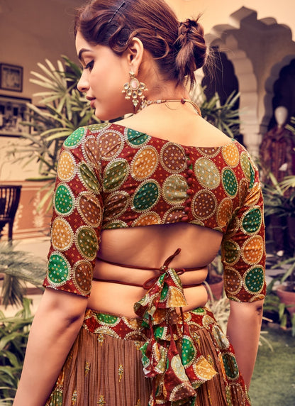 Maroon Silk Bandhani Style Lehenga Choli With Thread, Sequines and Zari Work