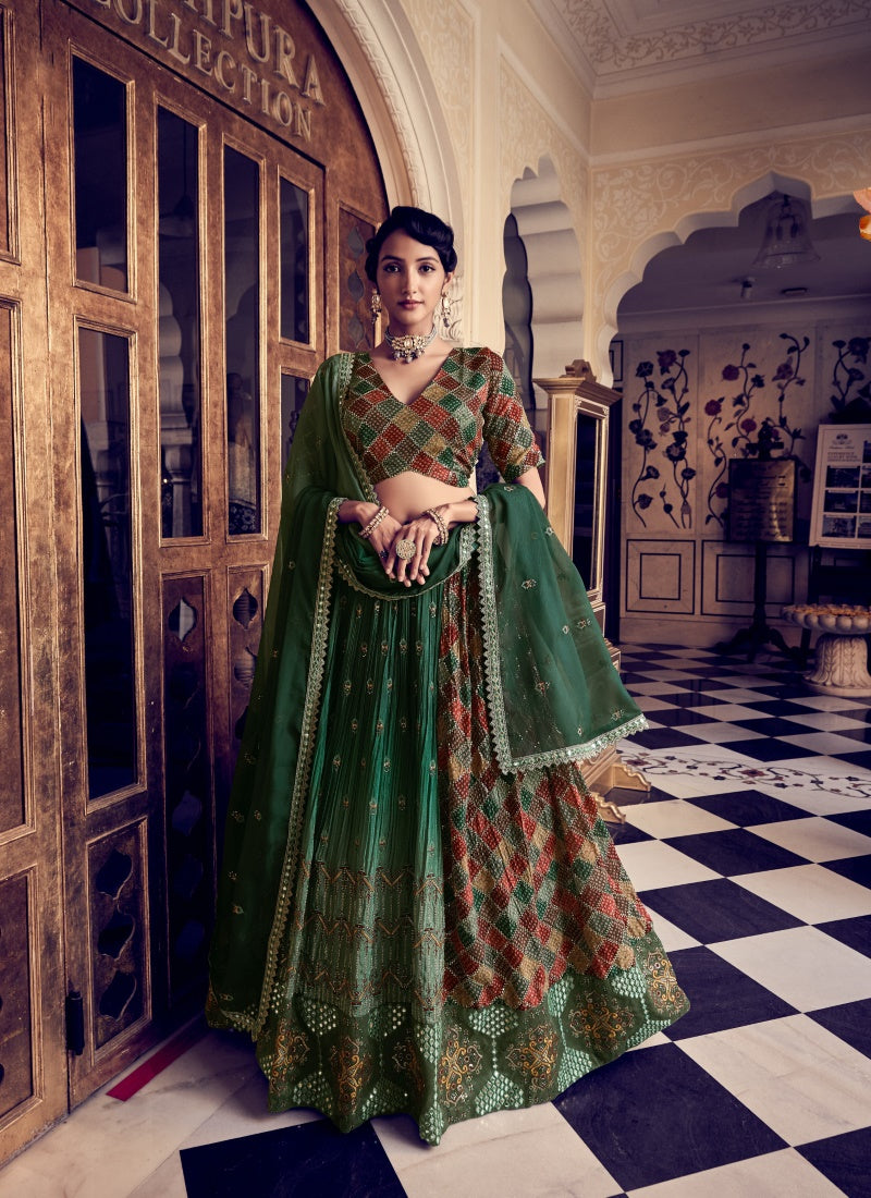 Green Silk Bandhani Style Lehenga Choli With Thread, Sequines and Zari Work