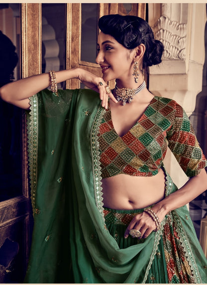 Green Silk Bandhani Style Lehenga Choli With Thread, Sequines and Zari Work