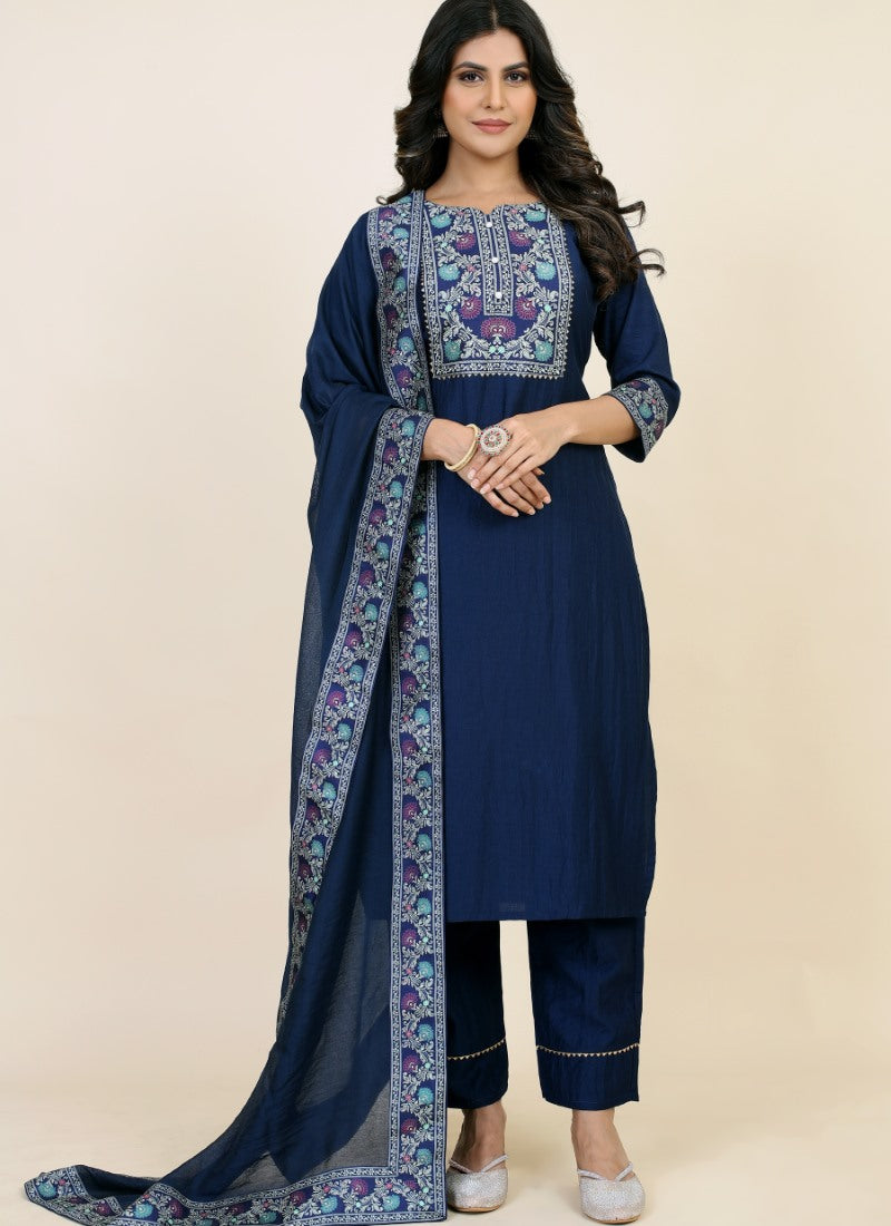 Blue Chinon Silk Embroidered Salwar Suit