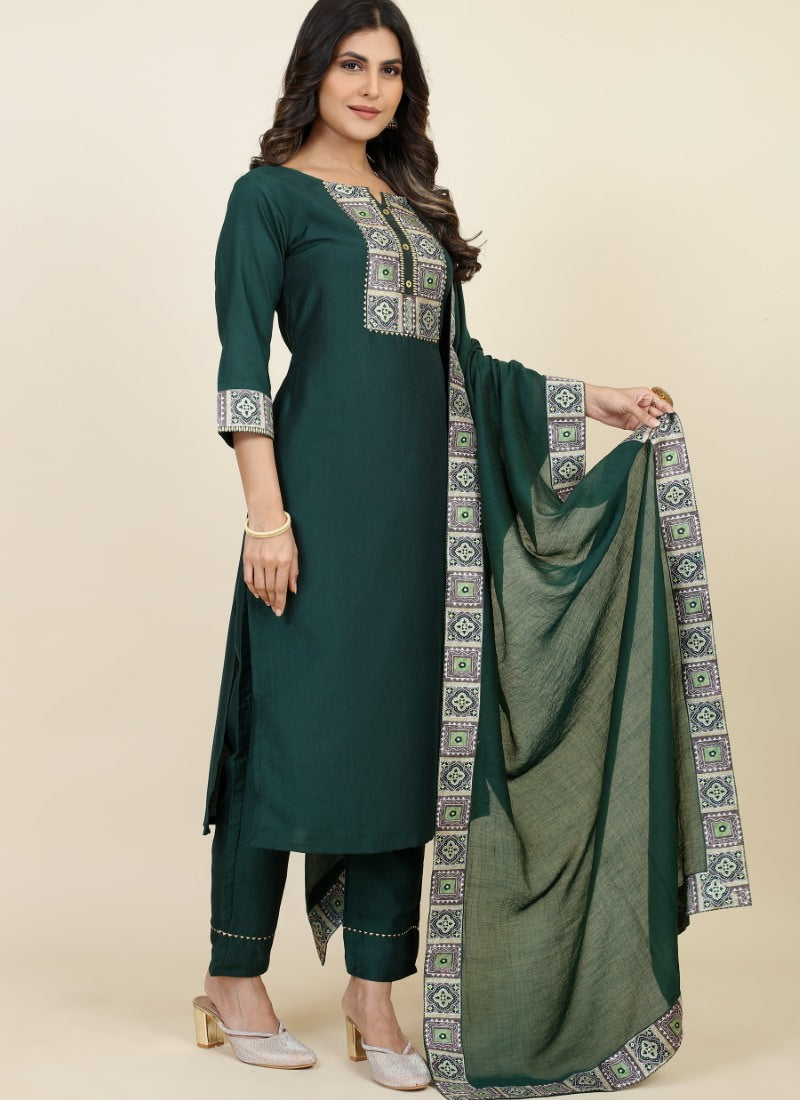 Green Chinon Silk Embroidered Salwar Suit
