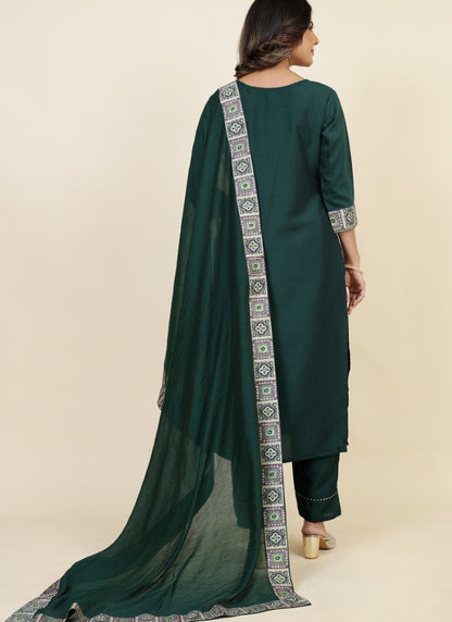Green Chinon Silk Embroidered Salwar Suit