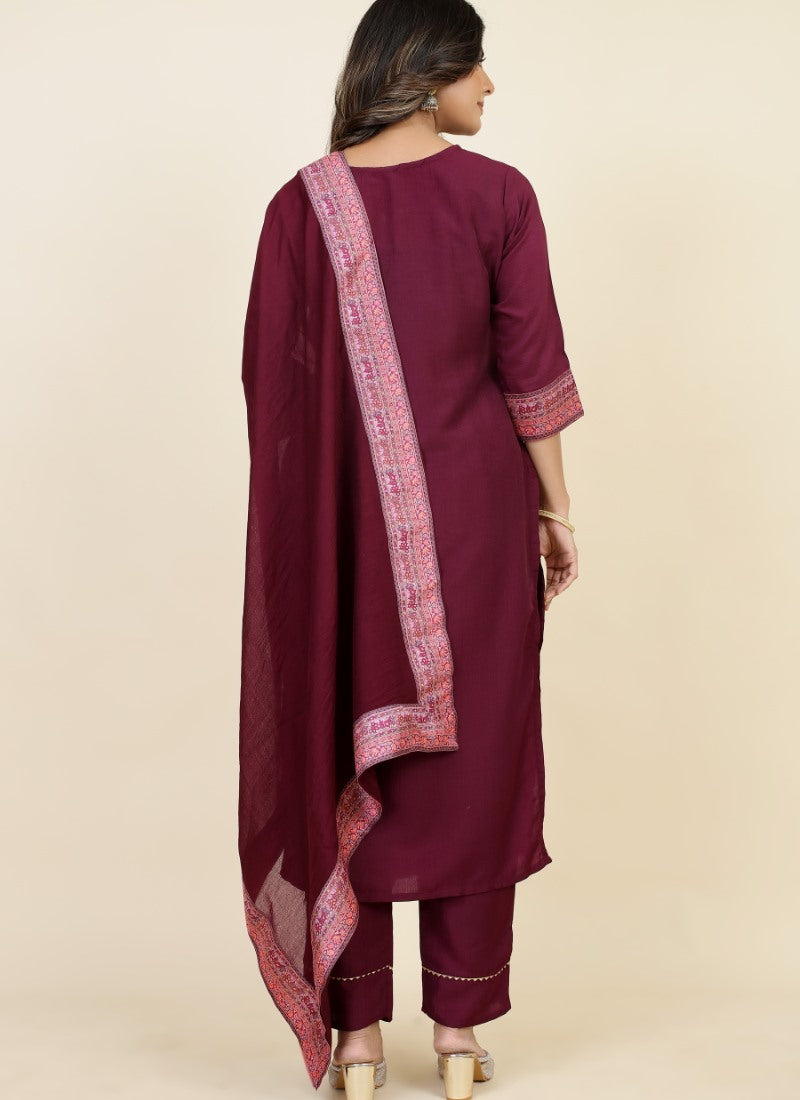 Maroon Chinon Silk Embroidered Salwar Suit