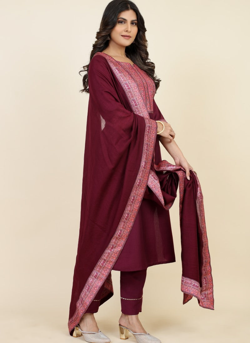 Maroon Chinon Silk Embroidered Salwar Suit