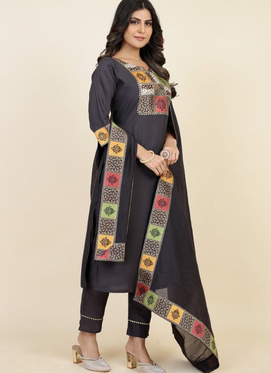 Black Yellow Chinon Silk Embroidered Salwar Suit