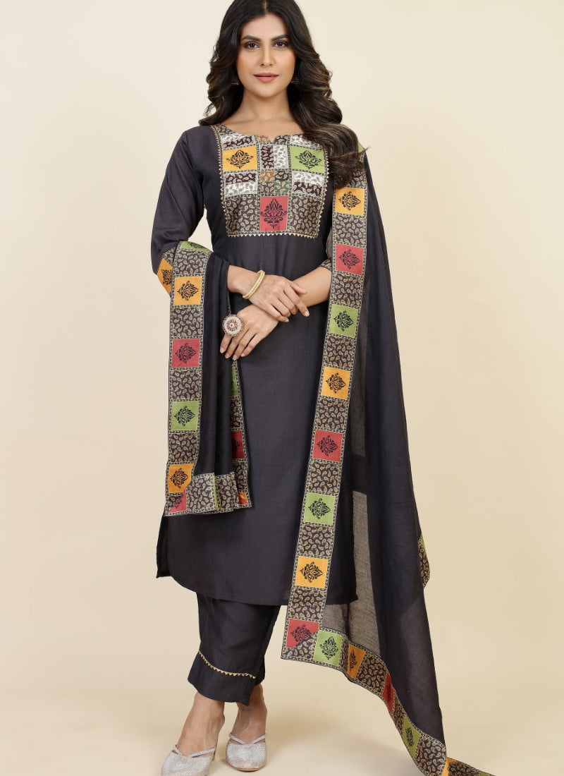 Black Yellow Chinon Silk Embroidered Salwar Suit
