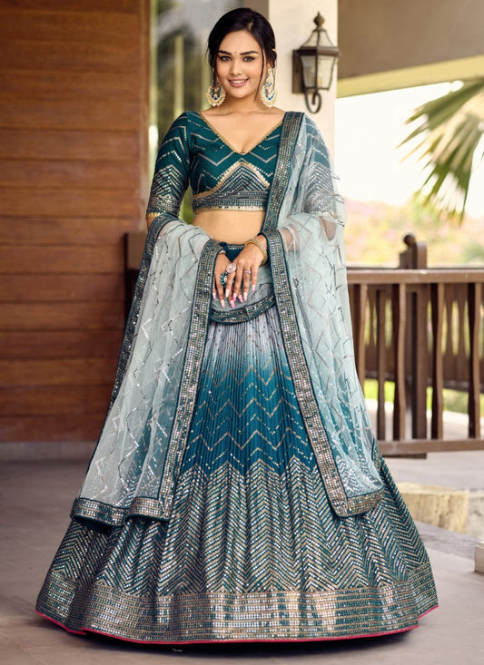 Blue Lehenga Choli With Embroidered, Thread and Sequins Work