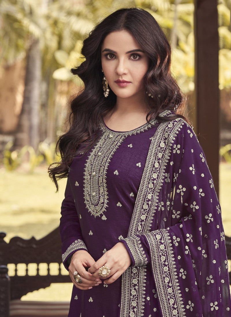 Purple Silk Embroidered Palazzo Suit