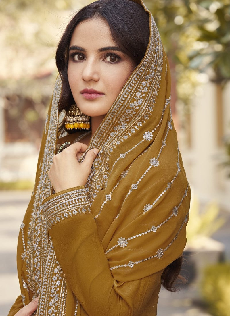 Mustard Yellow Silk Embroidered Palazzo Suit