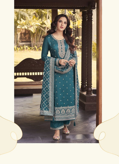 Teal Blue Yellow Silk Embroidered Palazzo Suit