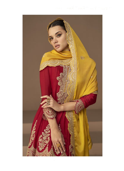 Red Silk Embroidared Palazzo Suit