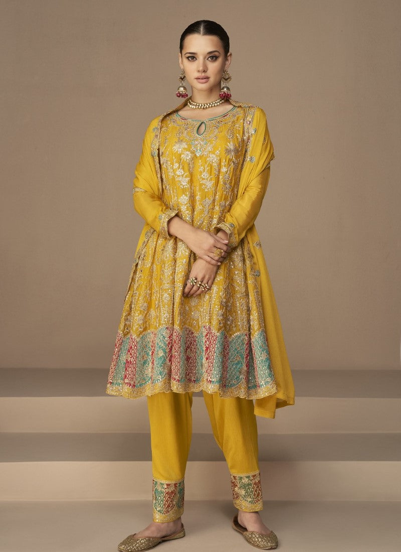 Yellow Silk Embroidered Pant Style Salwar Suit