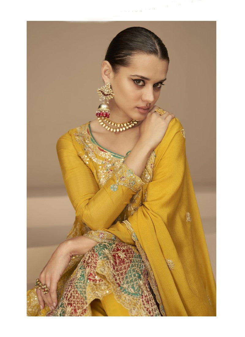 Yellow Silk Embroidered Pant Style Salwar Suit