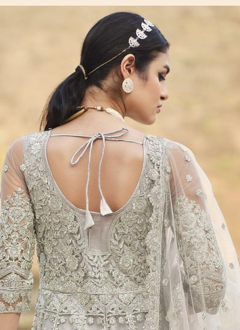 Gray Pakistani Anarkali Suit with Embroidery and Stone Work