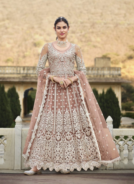 Peach Pakistani Anarkali Suit with Embroidery and Stone Work