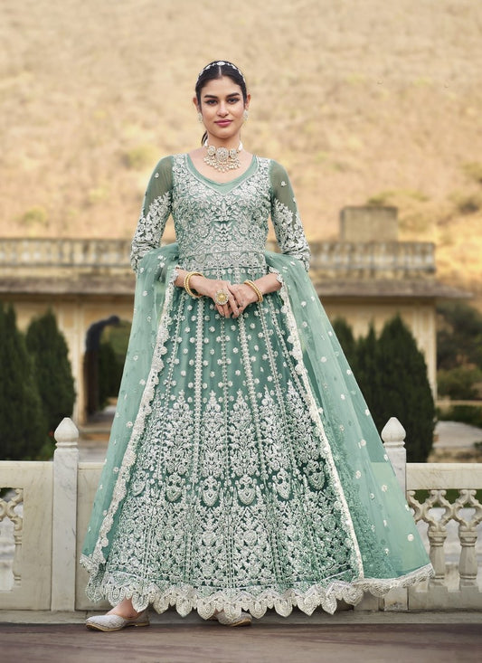 Green Pakistani Anarkali Suit with Embroidery and Stone Work