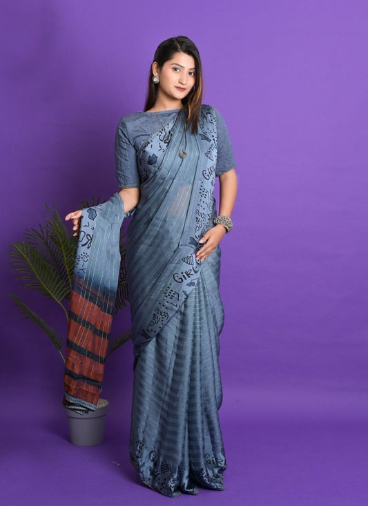 Blue Satin Party Wear Saree with Printed Border and Pallu with piping Stone