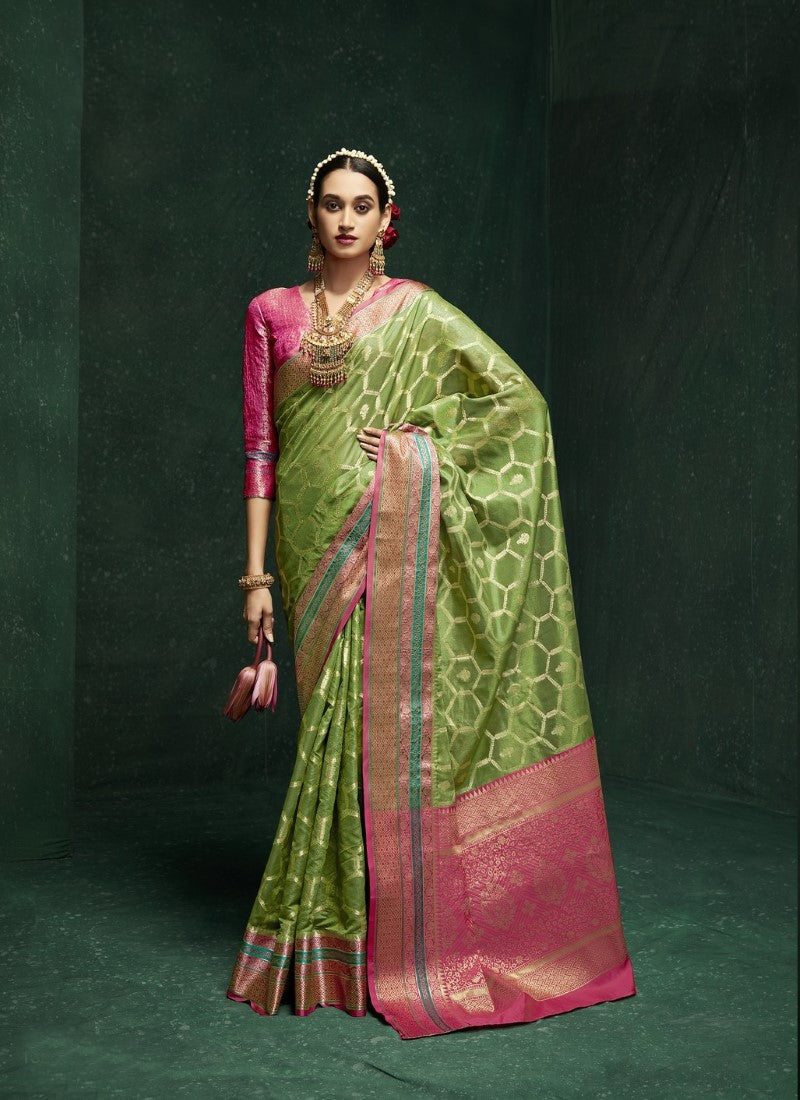 Pista Green Cotton Silk Embroidered Saree