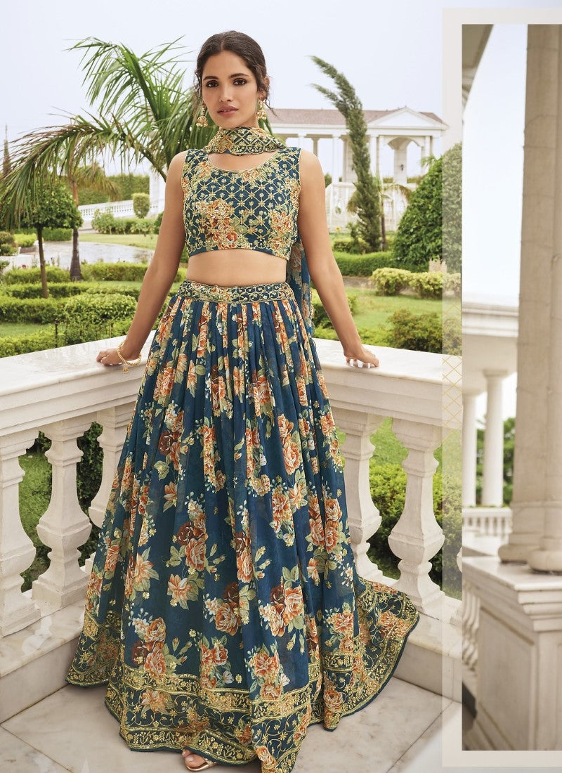 Blue Georgette Lehenga Choli with Embroidered & Sequins Work