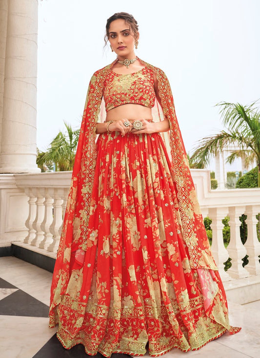 Red Georgette Lehenga Choli with Embroidered & Sequins Work