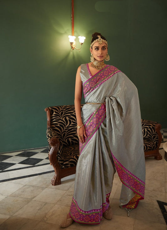 Gray Kanchipuram Silk Saree with Pochampally Pattern