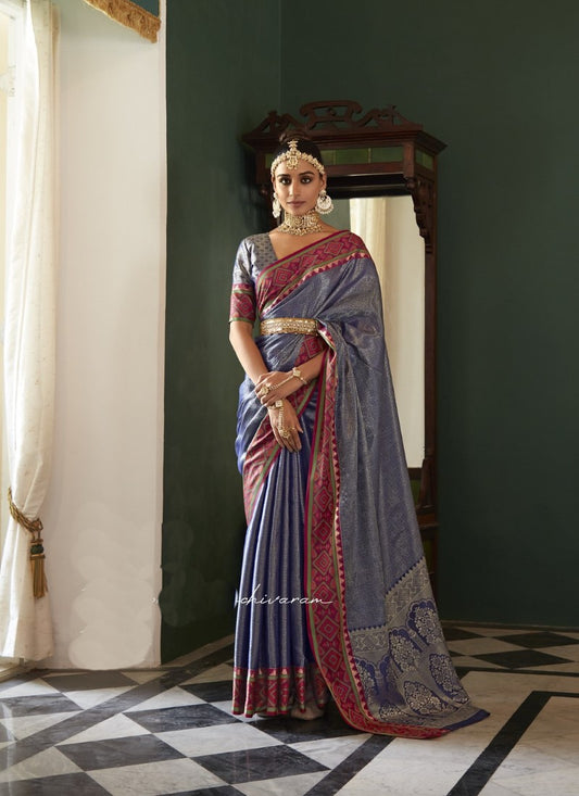 Blue Kanchipuram Silk Saree with Pochampally Pattern
