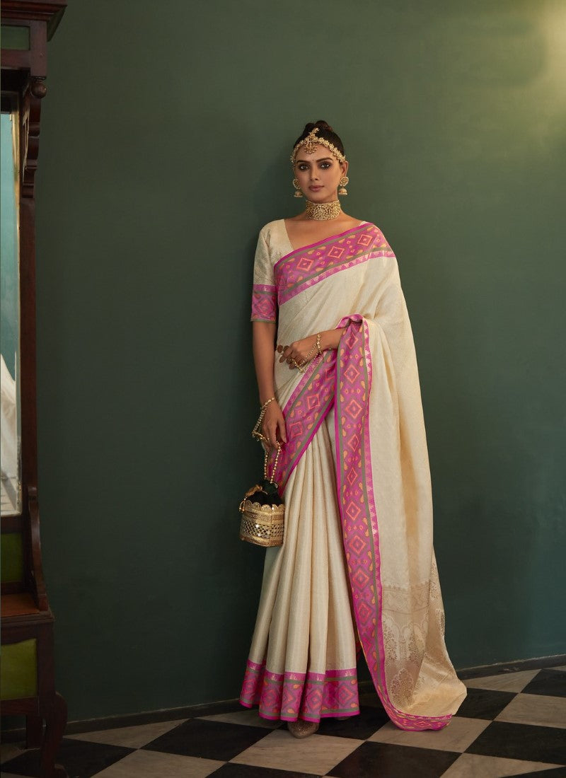 Cream Kanchipuram Silk Saree with Pochampally Pattern