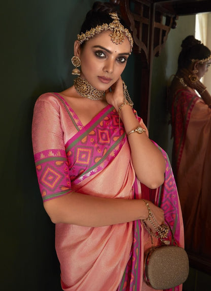Pink Kanchipuram Silk Saree with Pochampally Pattern