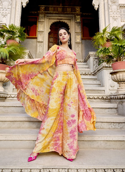 Yellow Palazzo Pant Indo Western Suit With Koti