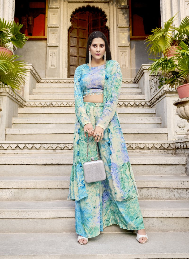 Sky Blue Palazzo Pant Indo Western Suit With Koti