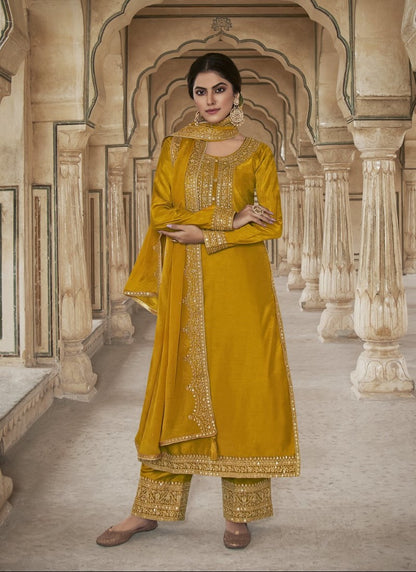 Yellow Silk Embroidered Straight Cut Palazzo Suit