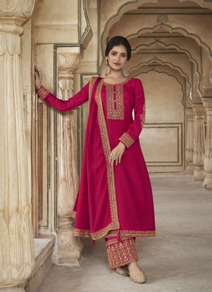 Magenta Silk Embroidered Straight Cut Palazzo Suit