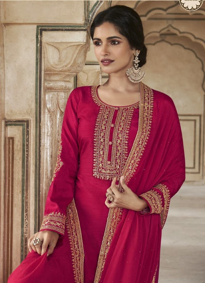 Magenta Silk Embroidered Straight Cut Palazzo Suit