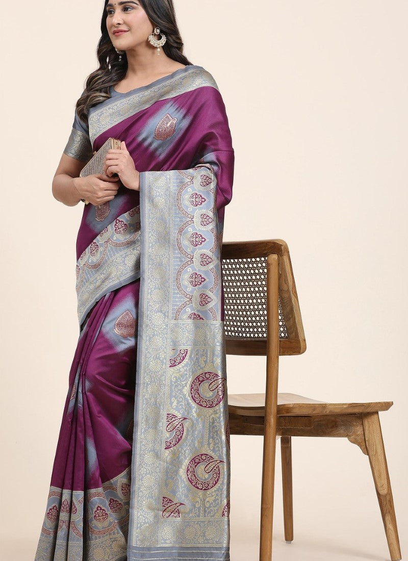 Purple Banasari Silk Saree With Rich Embroidered Pallu