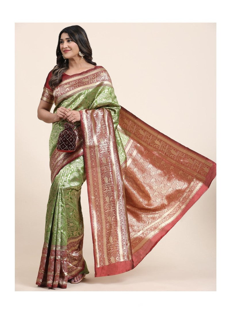 Pista Green Banasari Silk Saree With Rich Embroidered Pallu