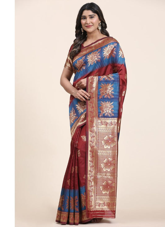 Maroon Banasari Silk Saree With Rich Embroidered Pallu