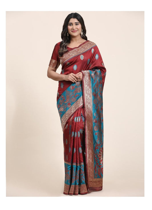 Maroon Banasari Silk Saree With Rich Embroidered Pallu